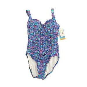 Swim Solutions Tummy Control Shirred Blue One Piece Swimsuit Size 10 Padded NWT